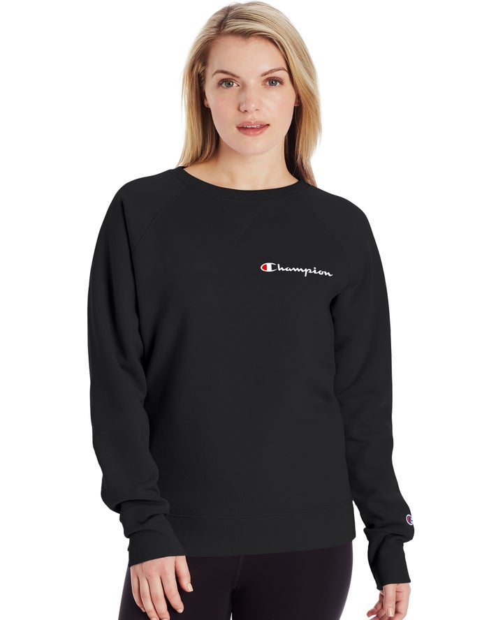 Champion Powerblend Fleece Classic Crew Script Logo Kadın Sweatshirt Siyah ( XPFJWI961 )